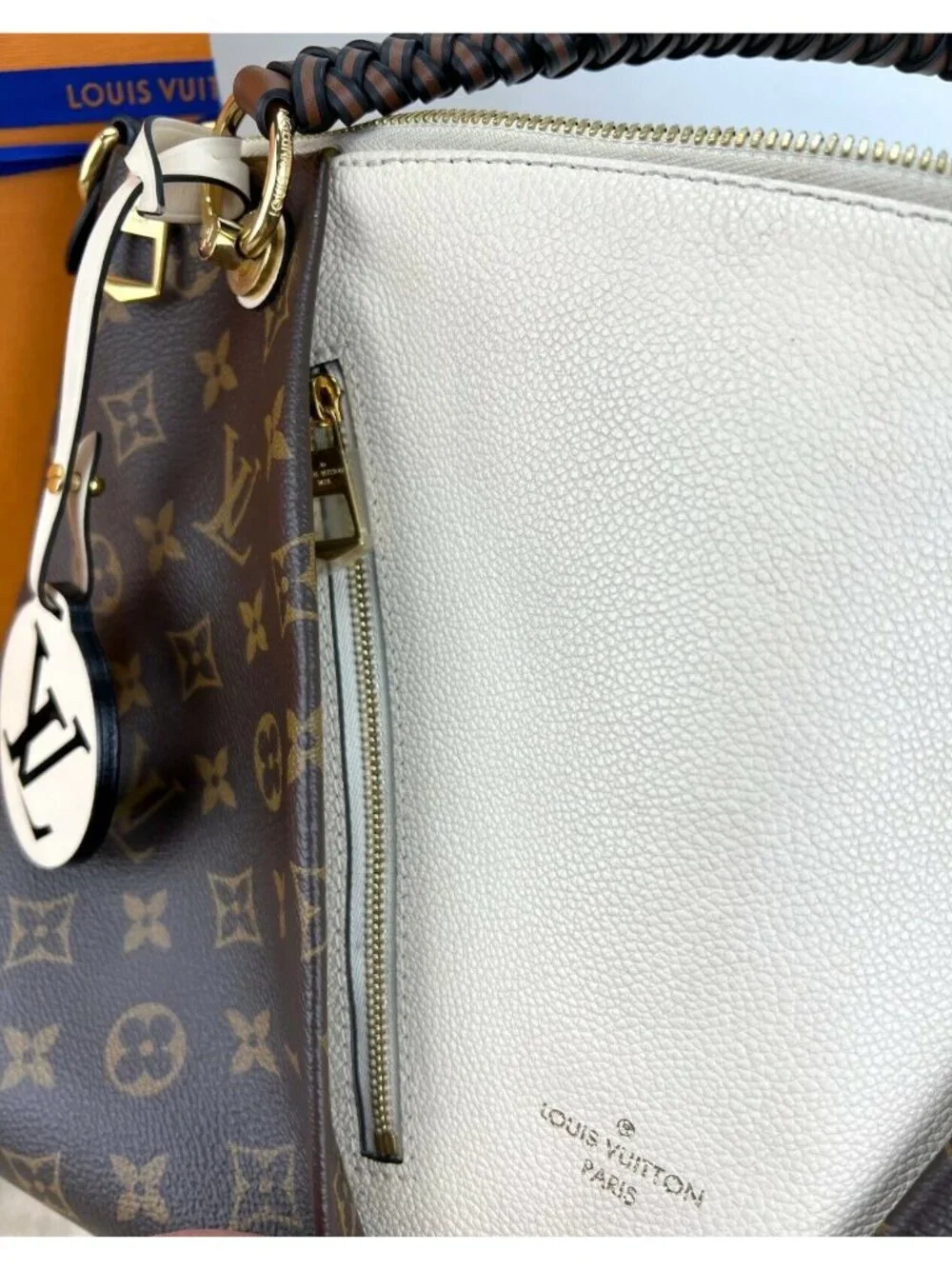 Louis Vuitton Braided V Tote MM Cream Leather Canvas Shoulder Hand Bag